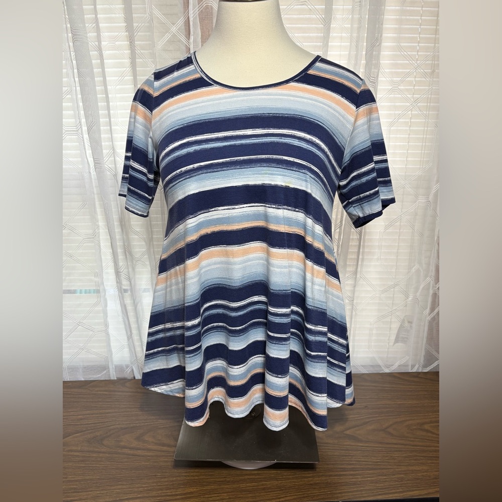 LuLaRoe 2XL Striped Navy/Peach Tunic Short Sleeve 23” p2p 32” L